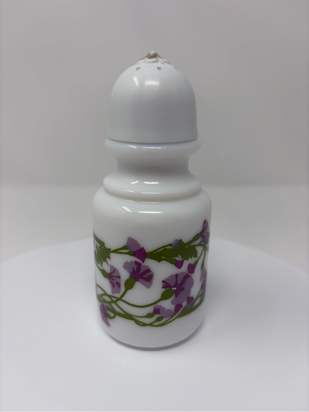 Vintage Avon Milk Glass Salt/Pepper Shaker Plastic Tops Purple Flowers - Picture 2 of 6